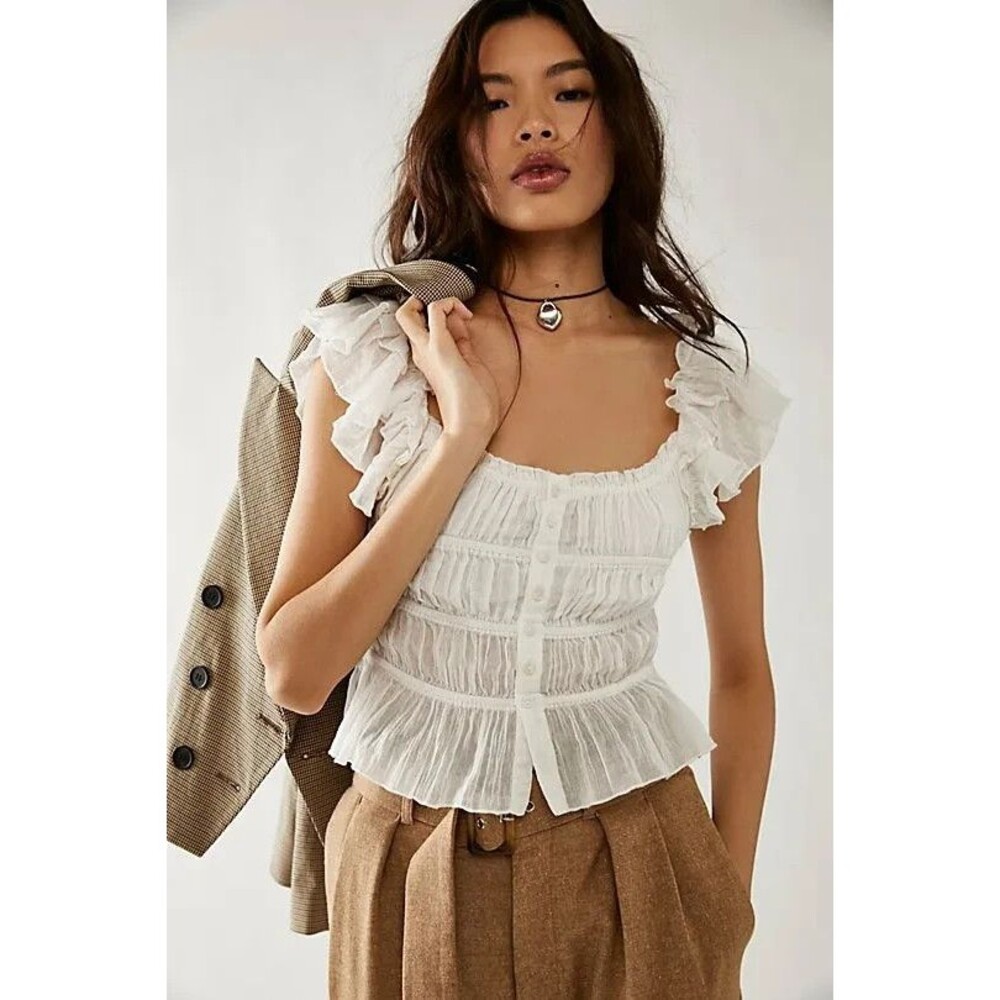 Free People One Aletta Top Ruffle Small Buttondown Smocked Sleeveless Cropped